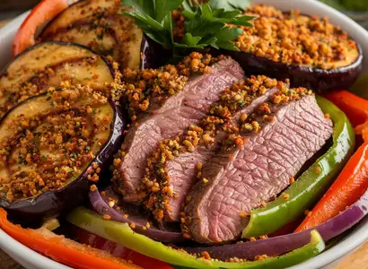 Air Fried Eggplant with Steak Fajita Bowl