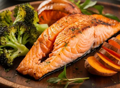 Baked Salmon with Roasted Broccoli and Sweet Potato