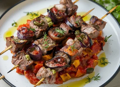 Grilled Lamb Kebabs and Caponata