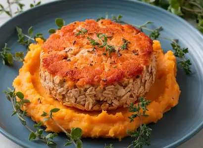 Oatmeal Salmon Cake with Mashed Sweet Potato