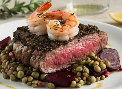 Steak with Shrimp, Horseradish & Lentil Salad