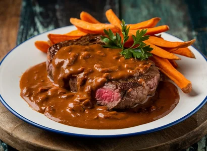 Steaks with Goulash Sauce & Sweet Potato Fries