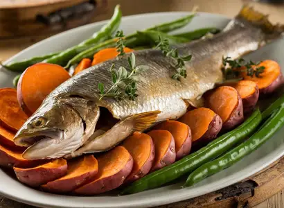 Baked Trout with Roasted Sweet Potato and Steamed Green Beans