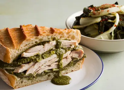 Chicken Pesto Panini and Smothered Turnip Greens