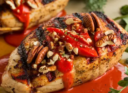 Grilled Chicken with Red Pepper-Pecan Romesco Sauce