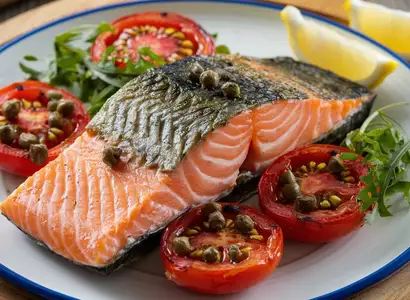 Grilled Salmon with Tomatoes and Dandelion Greens