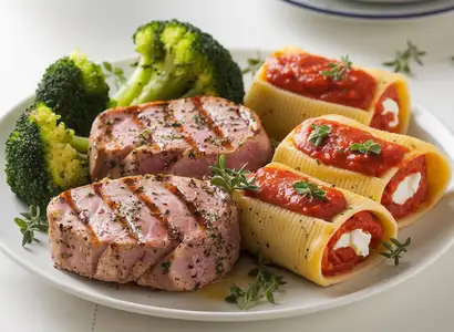 Grilled Tuna Steaks with Stuffed Manicotti Pasta Shells