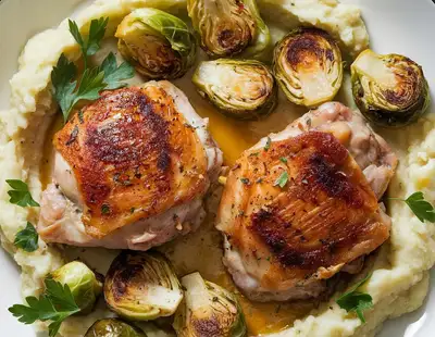 Baked Chicken Thighs with Brussels Sprouts and Mashed Cauliflower