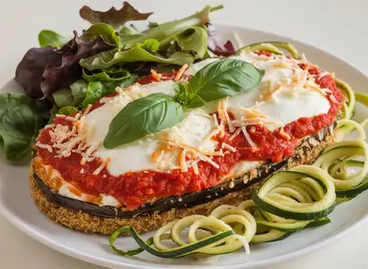 Baked Eggplant Parmesan with Zucchini Noodles and Mixed Greens