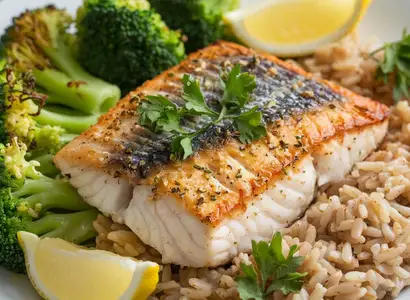 Baked Tilapia with Steamed Broccoli and Brown Rice