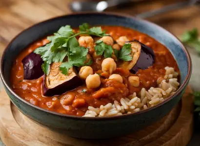 Eggplant and Chickpea Stew with Brown Rice