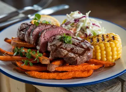 Grilled Lean Beef with Sweet Potato Fries and Coleslaw