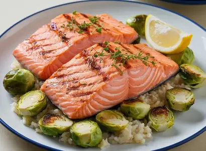 Grilled Salmon with Roasted Brussels Sprouts and Rice