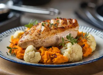Roasted Chicken Breast with Cauliflower and Sweet Potato Mash