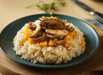 Shiitake Mushrooms with Yellow Squash and White Rice