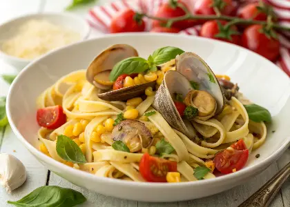 Fettuccine with Clams, Basil, Tomato, Corn and Garlic
