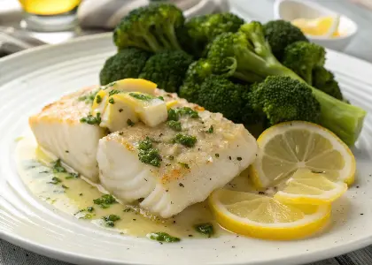 Baked Cod with Lemon Butter and Steamed Broccoli