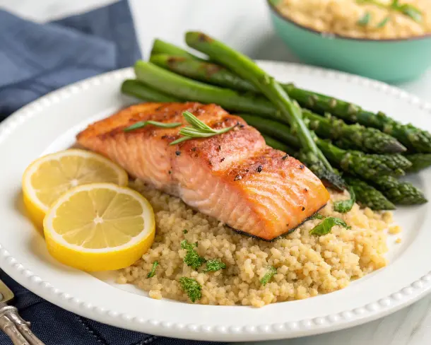 Baked Salmon with Steamed Asparagus and Quinoa