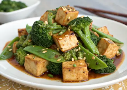 Ginger-Garlic Tofu with Stir-Fried Broccoli and Snap Peas