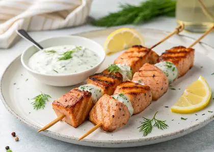 Grilled Salmon Kebabs with Dill Yogurt Sauce