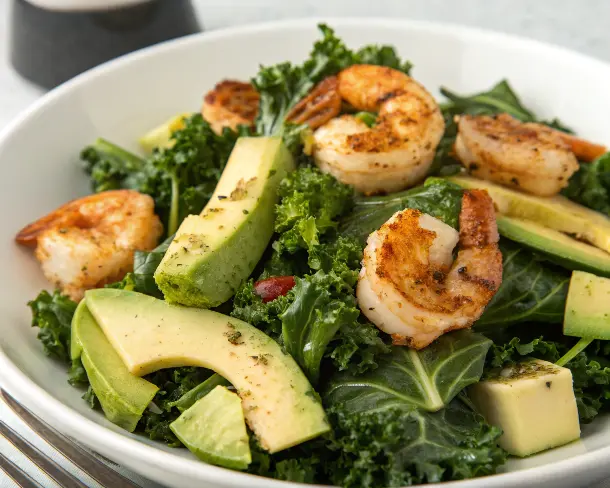 Kale and Avocado Salad with Grilled Shrimp