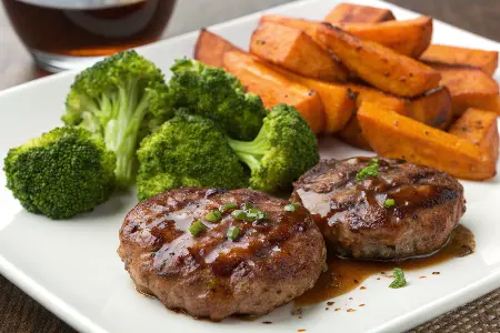 Lamb Patties with Steamed Broccoli and Sweet Potato Wedges