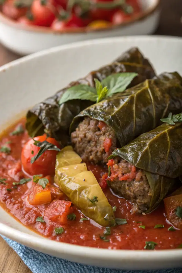Beef Stuffed Grape Leaves with Tomato Sauce