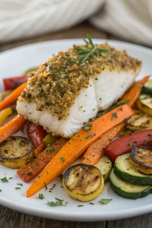 Herb Crusted Baked Cod with Roasted Vegetables