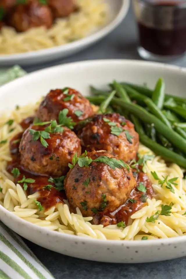 Merlot Chicken Meatballs with Orzo Pasta