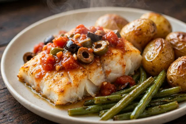 Cod with Tomato Olive Salsa