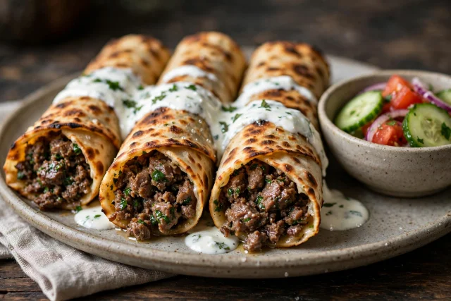 Turkish Lahmacun Rolls with Yogurt Sauce