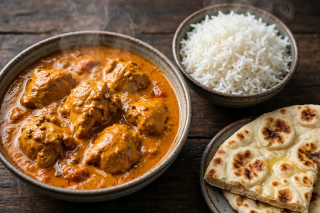 Indian Butter Chicken with Rice and Naan