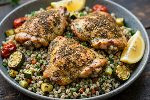 Zaatar chicken thighs over barley pilaf with parsley and lemon