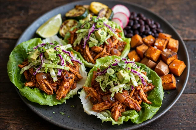 Chicken tinga lettuce cups with avocado lime slaw on a platter