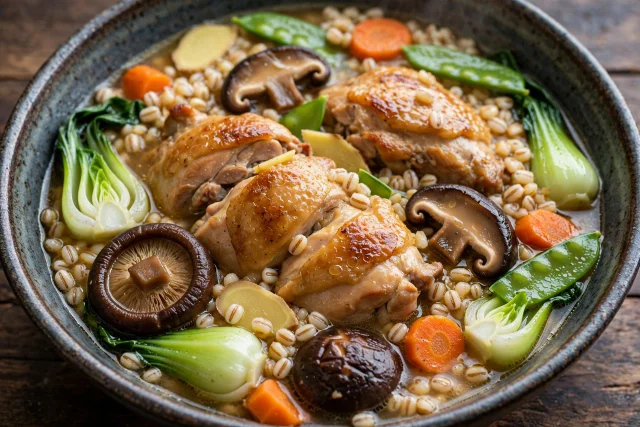 Ginger chicken hotpot with barley and shiitake mushrooms in a bowl
