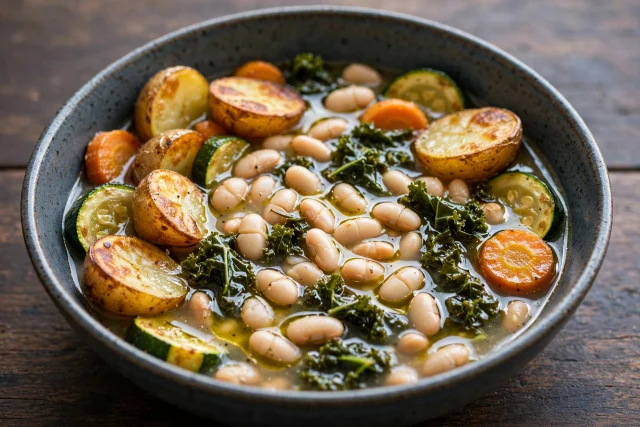 White bean and kale soup with rosemary oil in a deep bowl