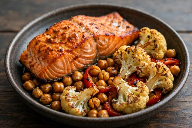 Tandoori salmon with roasted cauliflower and chickpeas on a tray