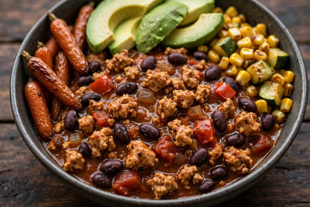 Turkey chili with black beans and avocado in a rustic bowl