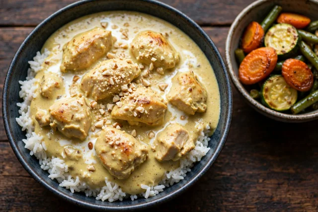 Mild chicken korma stew over soft rice