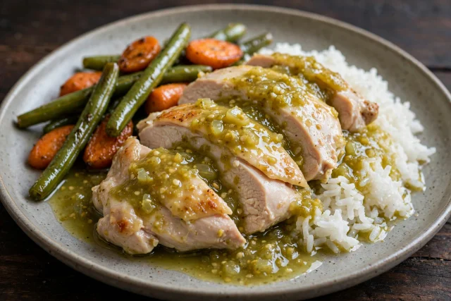 Poached chicken with tomatillo sauce and soft rice on a plate