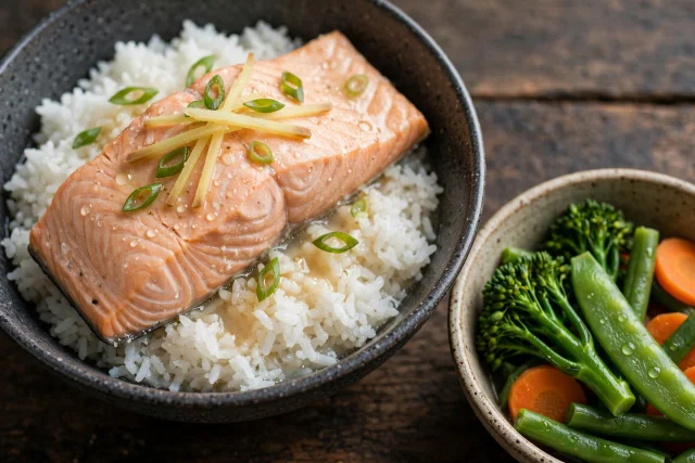 Steamed salmon with scallion and soft rice