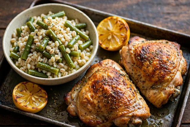 Greek chicken thighs with barley, green beans, and lemon on a tray