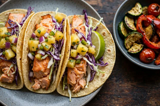 Baked salmon tacos with pineapple salsa and shredded cabbage on corn tortillas