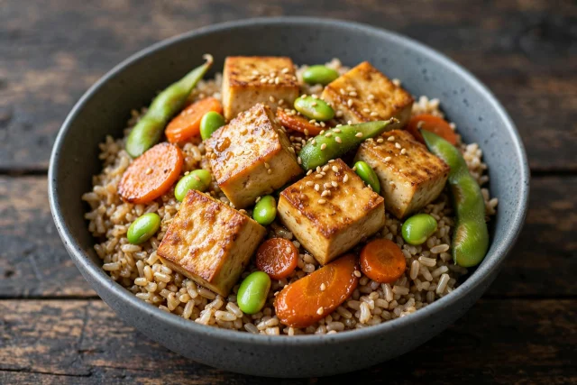 Tofu and edamame rice bowls with carrots and sesame seeds