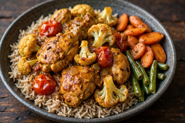 Chicken and cauliflower curry with tomatoes served over brown basmati rice