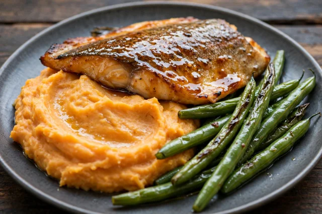 Maple glazed trout with sweet potato mash and green beans on a plate