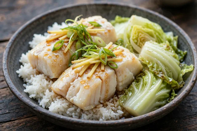 Steamed cod fillets with ginger and scallions over white rice