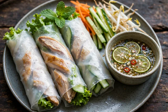 Vietnamese fresh rice paper rolls with chicken and mint