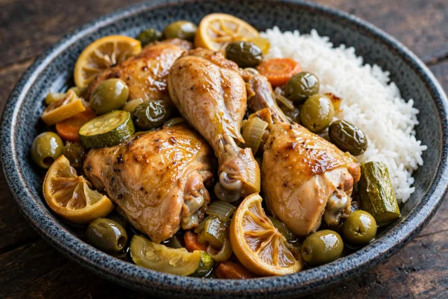 Chicken tagine with preserved lemon and olives over rice
