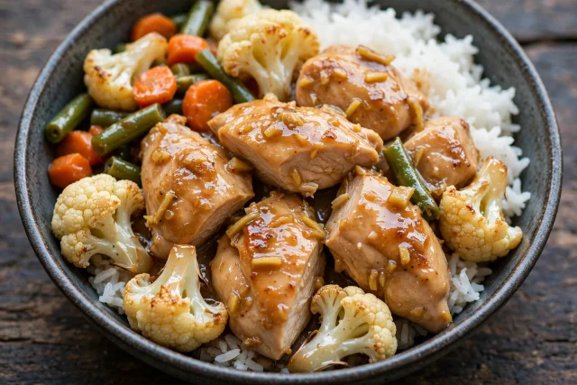 Ginger chicken with cauliflower and white rice in a bowl